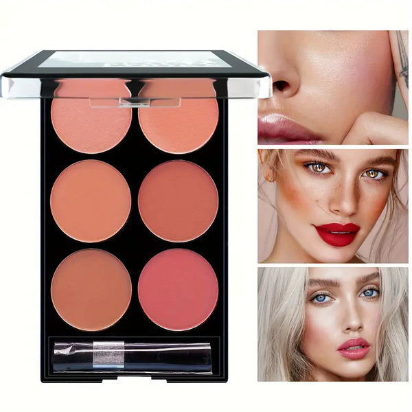 6-Color Waterproof Blush Palette - Easy-to-Apply, Natural 3D Makeup Look, Shade Enhancement for All Skin Tones, Matte & Shimmer Finishes in Red Hues, Makeup Palette