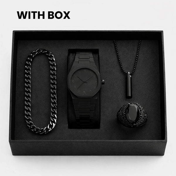 “Men’s Premium Black Luxury Watch & Jewelry Set”