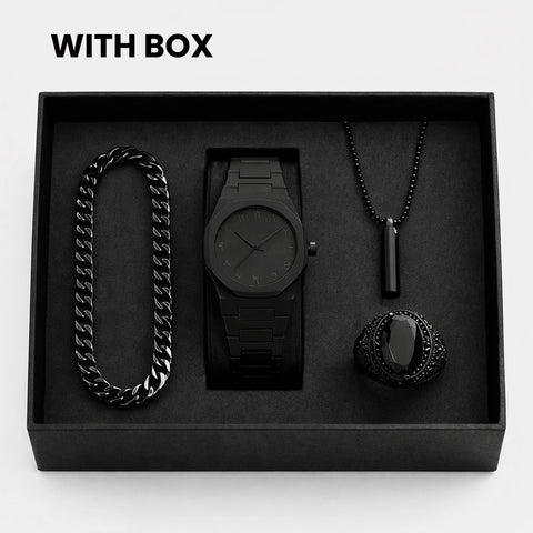 “Men’s Premium Black Luxury Watch & Jewelry Set”