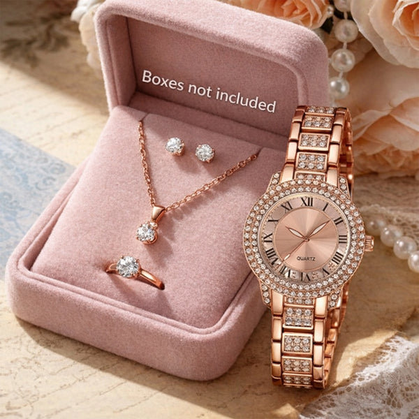 Rose Gold Crystal Watch Jewelry Set for Women