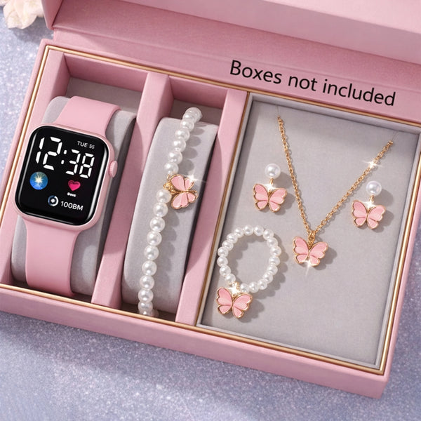 6pcs Pink Butterfly Girls Smart Watch with Jewelry Set