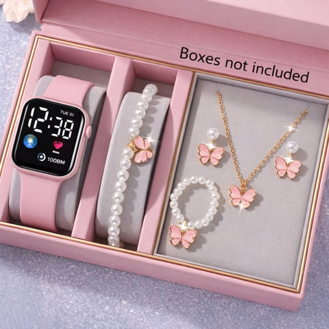 6pcs Pink Butterfly Girls Smart Watch with Jewelry Set