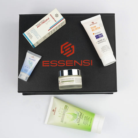 ESSENSI Anti-Freckle Edition Includes Anti-Freckle Serum, Aloe Vera Face Wash, Sunblock SPF 60, Saffron Shine Beauty Cream, small menthol face wash for an even skin tone