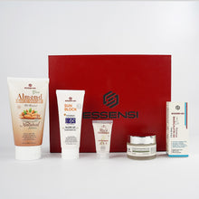 Essensi Glutathione Serum, Almond Face Wash, Sunblock SPF 60, Saffron Shine Beauty Cream,and Small Rice Face Wash for a radiant complexion.