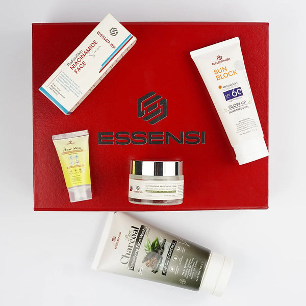 Essensi Niacinamide Serum, Charcoal Face Wash, Sunblock SPF 60,Saffron Shine Beauty Cream, and small Lemon Face Wash for oil control and pore refinement