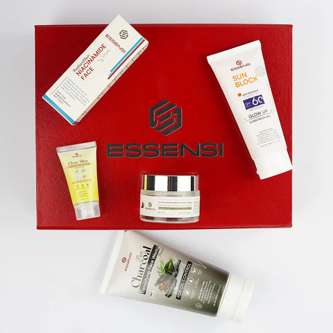 Essensi Niacinamide Serum, Charcoal Face Wash, Sunblock SPF 60,Saffron Shine Beauty Cream, and small Lemon Face Wash for oil control and pore refinement