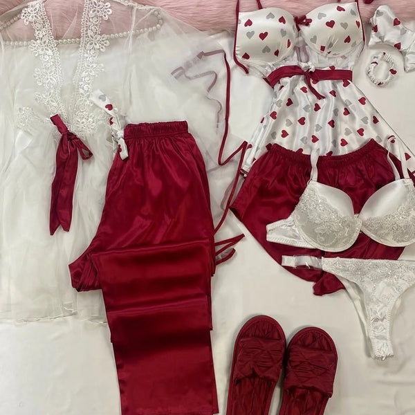8 Pcs Luxury Imported Silk Nighty Bridal Set