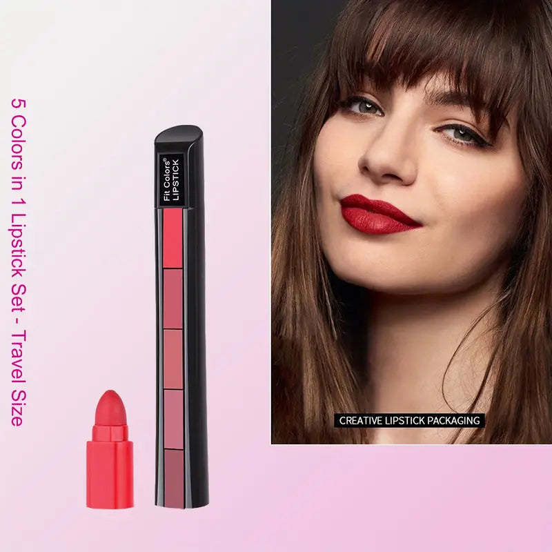 1pc 5-in-1 Matte Lipstick - Long-Lasting Non-Stick Transfer & Smudge Proof, Highly Pigmented Velvet Matte Finish with 5 Vibrant Shades (Nude, Pink, Red, Brown, Black) - All Light Beige Tones, Daily & Special Occasion Lipsticks, Elegant Gift Box for