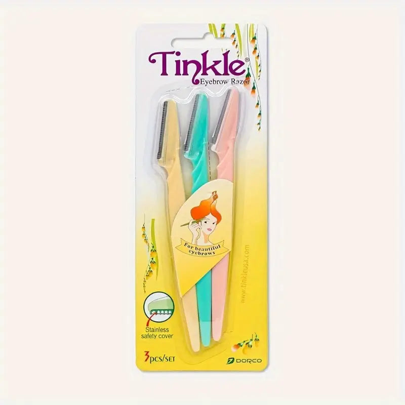Tinkler Eyebrow Razor - Precision Dermaplaning Tool for Women & Men, Stainless Steel, Travel-Friendly, Classic Design with Colorful Handles, Includes 3 Interchangeable Heads