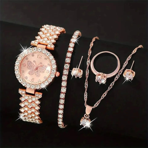 6pcs Luxury Rhinestone Watch & Jewelry Set for Women