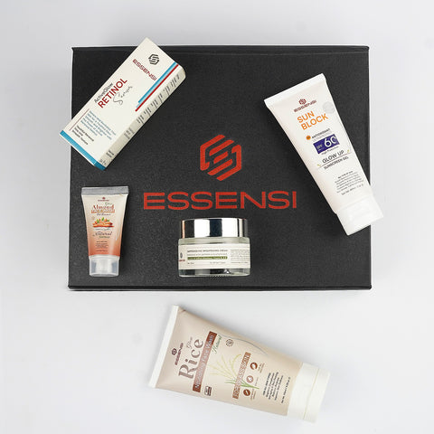 ESSENSI Retinol Serum, Rice Face Wash, Sunblock SPF 60,Saffron Shine Beauty Cream and  Almond Face Wash for anti-aging and skin renewal