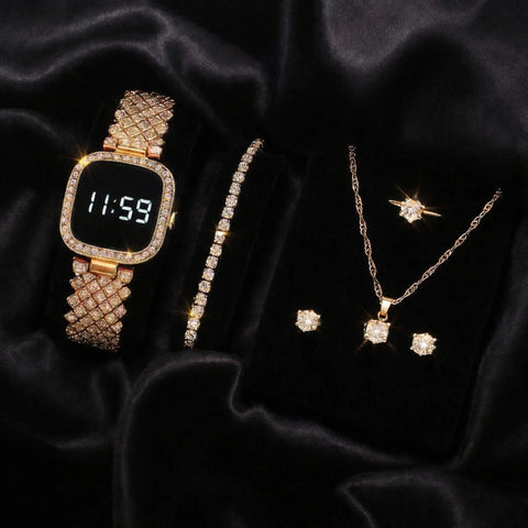 Luxury Ladies Digital Watch with Jewelry Set – 5 Pcs