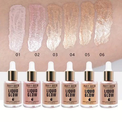 PARTY QUEEN 6-Color Liquid Glow Highlighter, Waterproof Metallic Shimmer, Radiance Enhancing, Light Coverage, Suitable for All Skin Tones, 3.4 fl oz