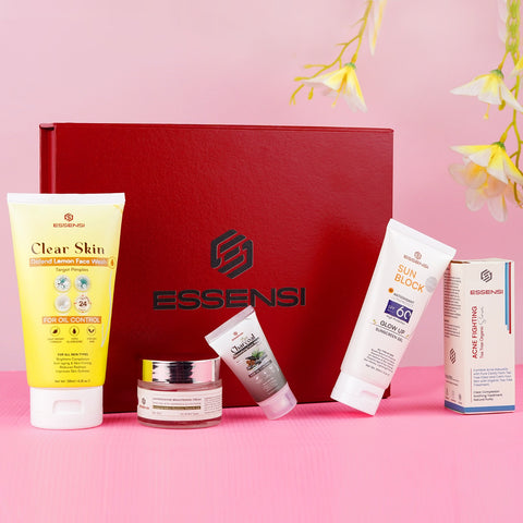 Essensi Acne Serum, Lemon Face Wash, Sunblock SPF 60, Saffron Shine Beauty Cream and Small Charcoal Face Wash for clearer, healthier skin