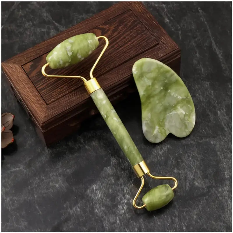 1pc Dual-Purpose Jade Facial Massage Roller & Scraping Board - Natural Green Jade Stone with Golden Accents, Smooth Oval Design for Relaxation & Skincare Routines