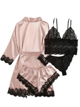 Contrast Lace Lounge Set, Long Sleeve Robe & V Neck Cami Top & Panties & Shorts