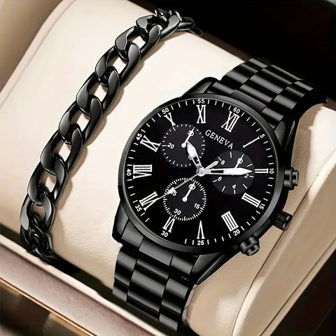 2pcs/set, Fashion Men'S Sports Business Quartz Watch & Retro Stainless Steel Bracelet Set, Ideal Gift for Valentine'S Day, New Year's, Easter, Ramadan, Birthday, Christmas, Eid Al-Adha, Friends And Family