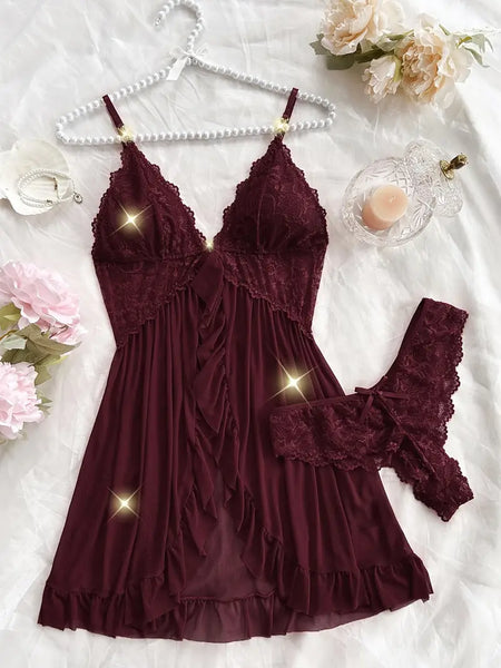 Sexy and Romantic Sleepwear Set, Solid Color Lace Camisole with Matching Panties, V-Neck Design Accentuating Elegant Neckline, Delicate Lace Pattern for Softness. Flared Hem and Ruffled Front Add Graceful Charm, Perfect for a Cozy Sleeping Atmosphere