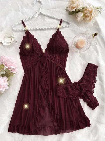 Sexy and Romantic Sleepwear Set, Solid Color Lace Camisole with Matching Panties, V-Neck Design Accentuating Elegant Neckline, Delicate Lace Pattern for Softness. Flared Hem and Ruffled Front Add Graceful Charm, Perfect for a Cozy Sleeping Atmosphere