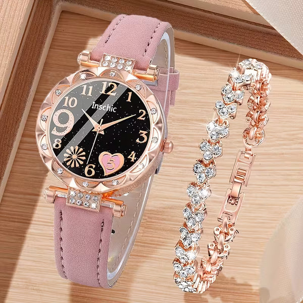 2pcs Elegant Quartz Watch Set - Rose Golden & Pink Faux Leather Strap, Sparkling Waterstone Accents, Round with Heart Design, Perfect for Valentine'S Day, Birthday Best for Gift's