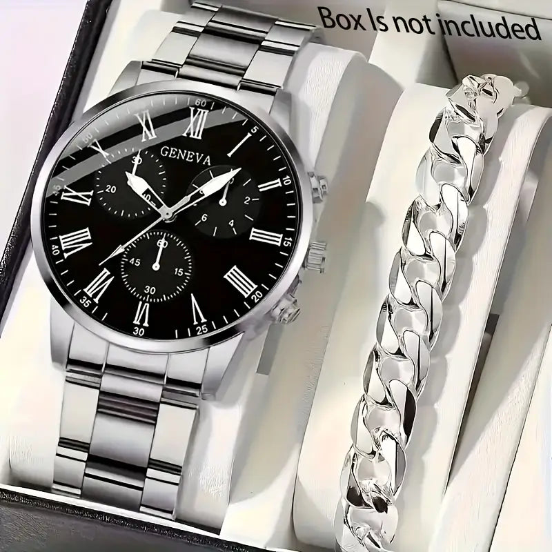 Men's Business Watch Set of 2 - Zinc Alloy Round Case, Stainless Steel Strap, Roman Numeral Dial, Pointer Display Men's Fashion Quartz Wristwatch with Silvery Bracelet for Men, Perfect Gift for Men