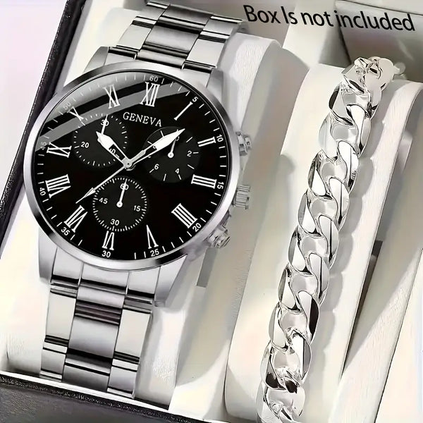Men's Business Watch Set of 2 - Zinc Alloy Round Case, Stainless Steel Strap, Roman Numeral Dial, Pointer Display Men's Fashion Quartz Wristwatch with Silvery Bracelet for Men, Perfect Gift for Men