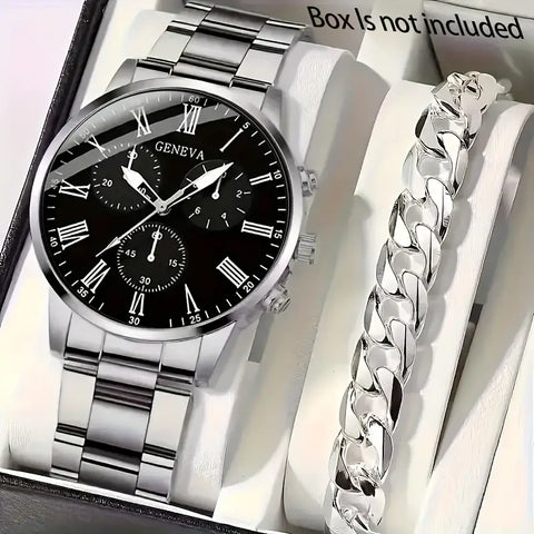 Men's Business Watch Set of 2 - Zinc Alloy Round Case, Stainless Steel Strap, Roman Numeral Dial, Pointer Display Men's Fashion Quartz Wristwatch with Silvery Bracelet for Men, Perfect Gift for Men