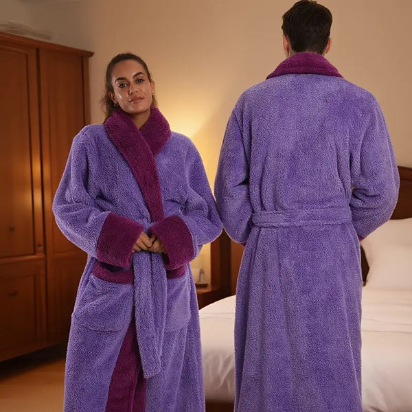 2025 New Couple Plush Bathrobe: Soft and Comfortable, Double-Color Design, Large Collar, Warm Long Sleeves, Convenient Pockets, Adjustable Waistband, Essential for Home Comfort