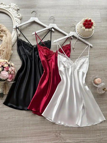 3pcs Women's Lace Splicing V-Neck Sexy Comfort Camisole Nightgown Set