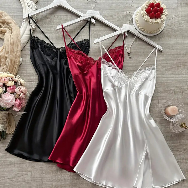 3pcs Women's Lace Splicing V-Neck Sexy Comfort Camisole Nightgown Set