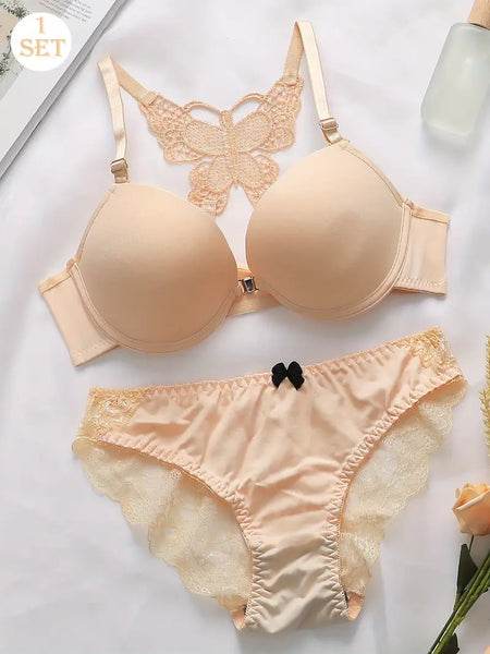 European and American Set Women'S Lingerie Bra and Panties with Underwire, Slightly Stretchy Front Buckle, Adjustable Shoulder Straps, Fashionable Bodycon Triangle Comfortable Underwear