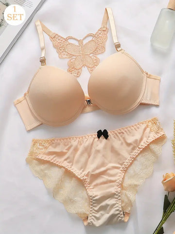 European and American Set Women'S Lingerie Bra and Panties with Underwire, Slightly Stretchy Front Buckle, Adjustable Shoulder Straps, Fashionable Bodycon Triangle Comfortable Underwear