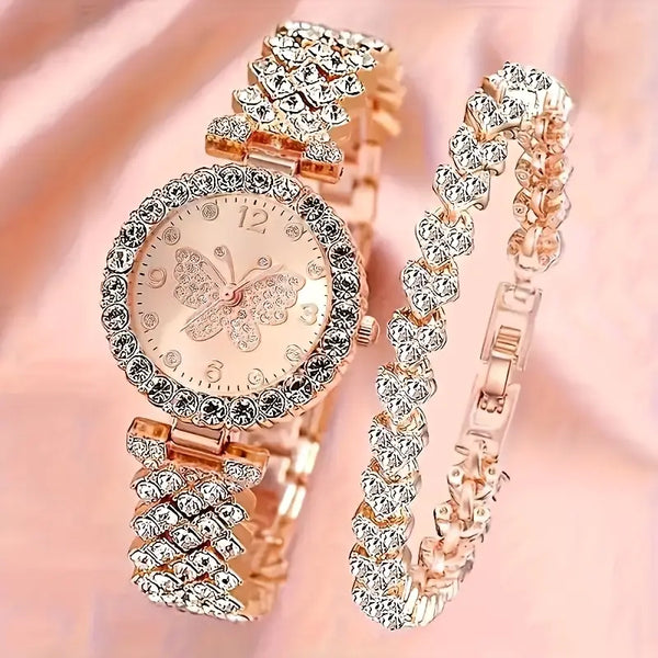 2pcs Elegant Butterfly Quartz Watch & Ladies Jewelry Set - Perfect Gift, Eternal Style and Exquisite Design, Zinc Alloy Strap and Zinc Alloy Case, Quartz Movement, Accurate, Durable, Fashionable Women's Gift