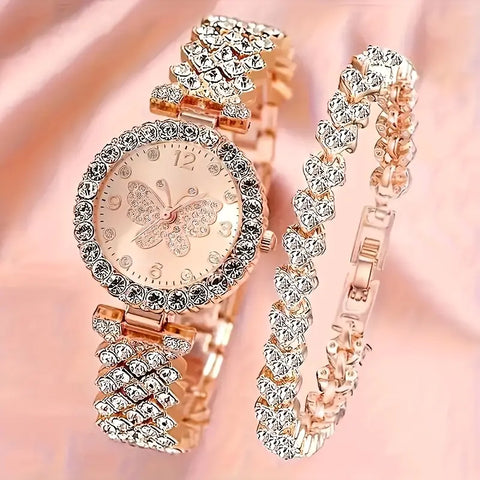 2pcs Elegant Butterfly Quartz Watch & Ladies Jewelry Set - Perfect Gift, Eternal Style and Exquisite Design, Zinc Alloy Strap and Zinc Alloy Case, Quartz Movement, Accurate, Durable, Fashionable Women's Gift