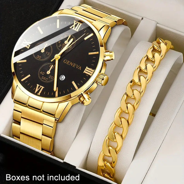 "Men’s Elegant Golden Luxury Watch & Bracelet Set"