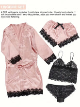 Contrast Lace Lounge Set, Long Sleeve Robe & V Neck Cami Top & Panties & Shorts