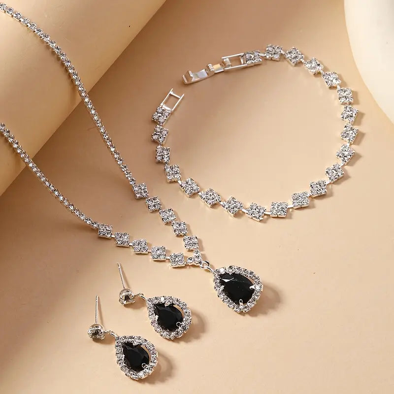 4pcs/Set Vacation Minimalist Rhinestone Black Teardrop 3A Zirconia Pendant Necklace Bracelet Earrings Women's Jewelry Set