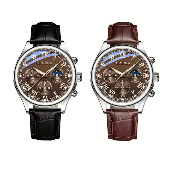 Men's Fashion Casual Black & Brown Quartz Watch Set, Round Roman Numeral Dial, PU Strap, Fake Three-Hand Design Style - Battery Operated with Electronic Button, Alloy Case - Ideal Gift for Valentine's Day, Easter, Ramadan, Birthday, Christmas
