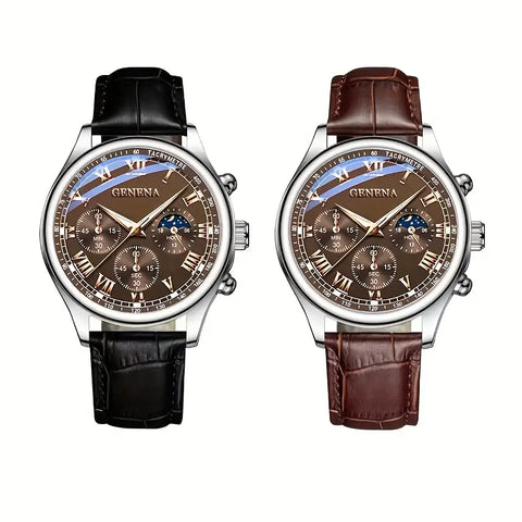 Men's Fashion Casual Black & Brown Quartz Watch Set, Round Roman Numeral Dial, PU Strap, Fake Three-Hand Design Style - Battery Operated with Electronic Button, Alloy Case - Ideal Gift for Valentine's Day, Easter, Ramadan, Birthday, Christmas